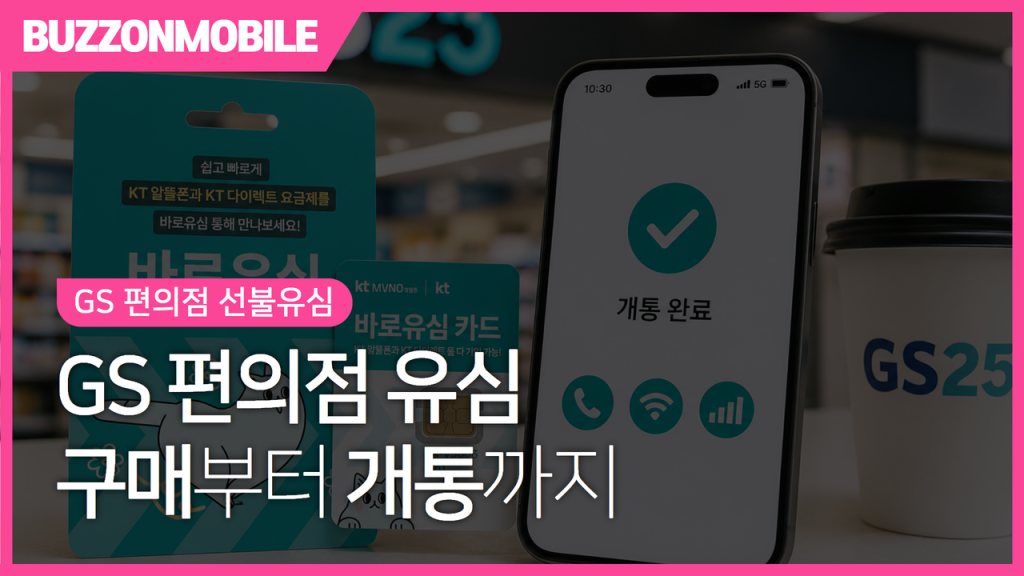 GS 편의점 선불유심 구매 및 개통 안내 이미지. GS 편의점에서 선불유심을 구매하고 당일 개통하는 방법을 한눈에 확인할 수 있는 가이드