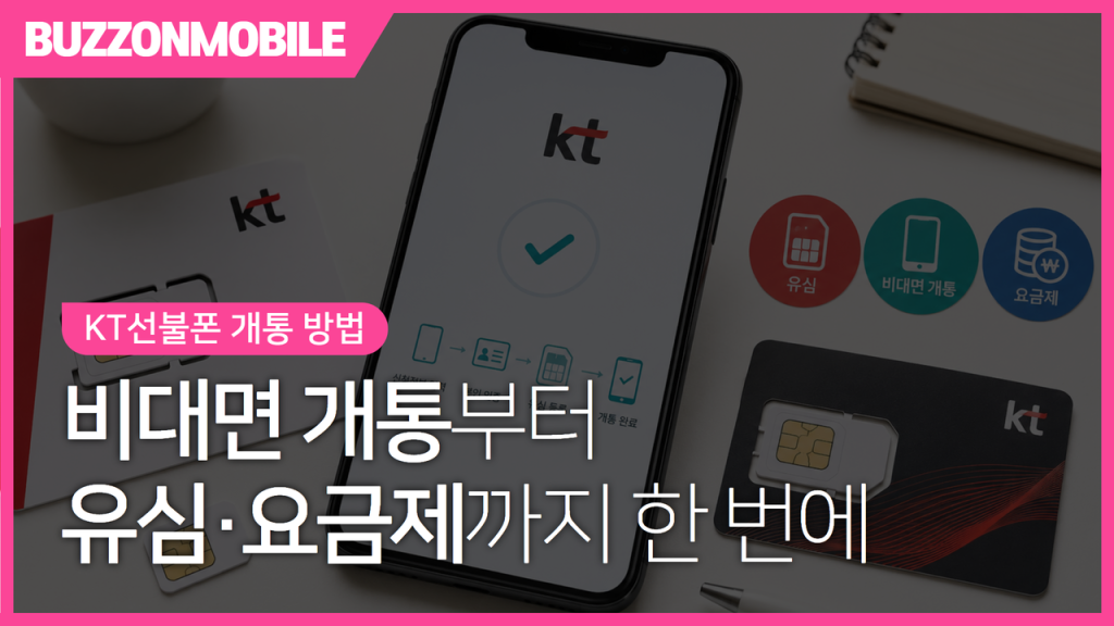 KT선불폰 개통 방법 안내 이미지. 비대면 셀프개통 절차와 유심 준비, 요금제 선택까지 한 번에 확인할 수 있는 가이드