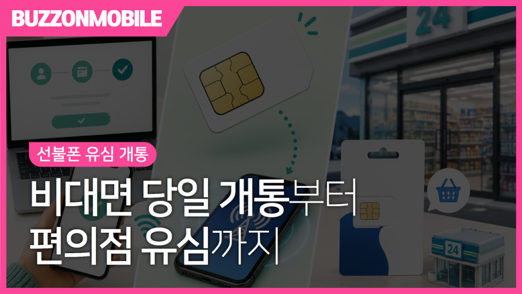 선불폰 유심 개통 방법 안내 이미지. 비대면 당일 개통 절차와 편의점 유심 구매 방법을 한눈에 확인할 수 있는 가이드